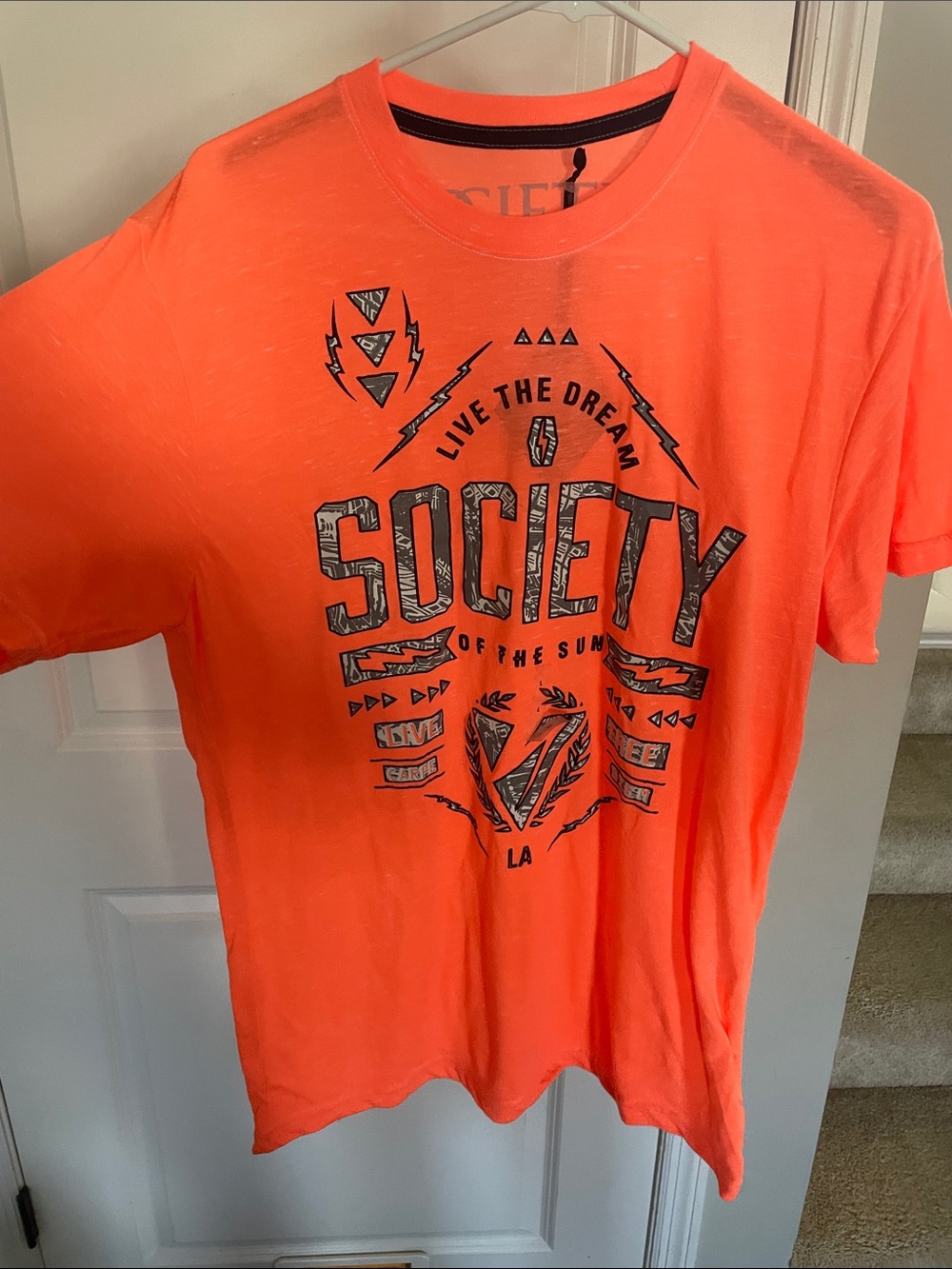 Men’s Society Neon Orange Graphic Short Sleeve Tee Large NWT
